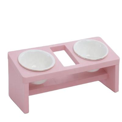 China Sustainable Pet Feeder Solid Wood Stand with Ceramic Bowls pink color pet feeder for cat and dog for sale