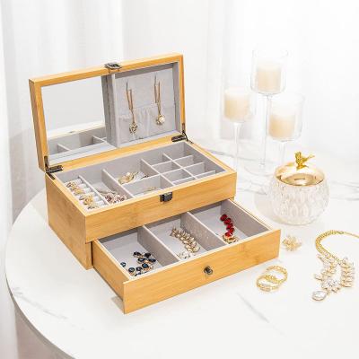 China Bio-degradable 2 Layers Jewelry Organizer Natural Bamboo Jewelry Box with Mirror and Drawer with Lock Jewelry Storage Box for Girl Women's Gift for sale