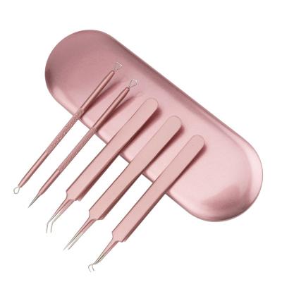 China Acne Treatment 5 in 1 Stainless Steel Pink Color Blackhead Remover Care Tools Tweezers Kit Acne Extractor Pimple Set for sale