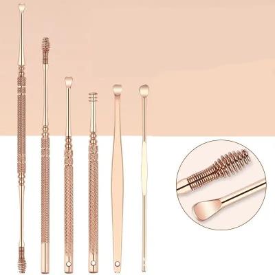 China 8pcs/Set Rose Gold Stainless Steel Earwax Removal Kit Multifunctional Spiral Ear Pick Clean Ear Wax Tool With Plastic Box for sale