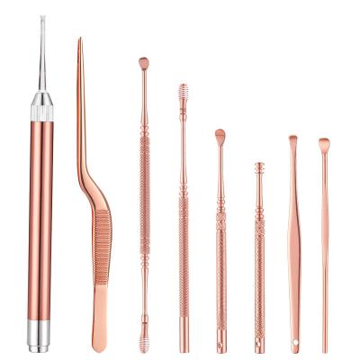 China Earwax Remove 8 Pcs Rose Gold Stainless Steel Ear Wax Removal Tool Ear Pick Curette Ear Cleaning Tools for sale