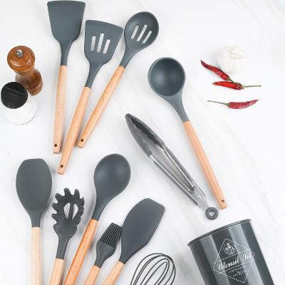 China Good Sustainable 12 Pieces Silicone Kitchenware Accessories Kitchenware Cooking Tools Kitchen Silicone Utensils Set With Wooden Handles for sale