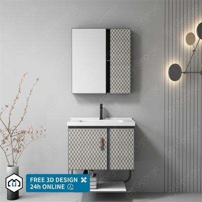 China Modern New Design Tartan Design Bathroom Cabinet Nordic Aluminum Vanity Sink And Ceramic Sink Bathroom Combo With Mirror L6606 for sale