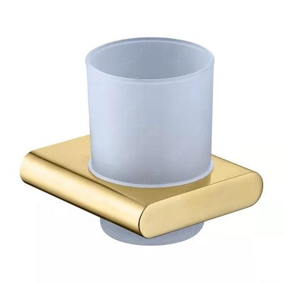 China Modern Luxury Bathroom Gold Color 304 Stainless Steel Single Toothbrush Holder With Glass Cup HDP-25204 for sale