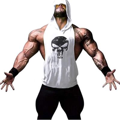 China HT QUICK DRY Workout Tank Top Bodybuilding Hooded Muscle Cut Out T-shirt Gym Sleeveless Hoodies For Men for sale