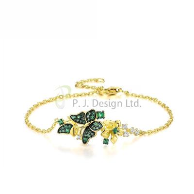 China Fashion Professional Made Pretty Green Butterfly and flower Sterling Silver w/ Yellow Black Plating Bracelet Green Spinel White CZ for sale