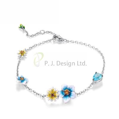 China Fashion Top Selling pretty Sterling Silver w/ Black White Plating Bracelet Blue Glass Enamel Yellow Nano CZ   for Gift for sale