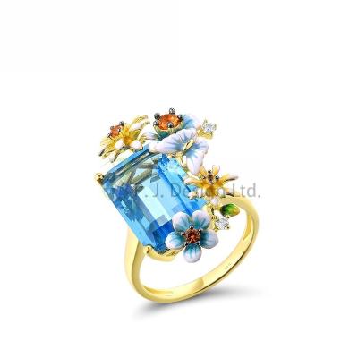 China Fashion P.J. Design JEWELRY Octagon Blue Glass Yellow Enamel Flower 925 Sterling Silver w/ Yellow Black Plating Ring ,CZ, for sale