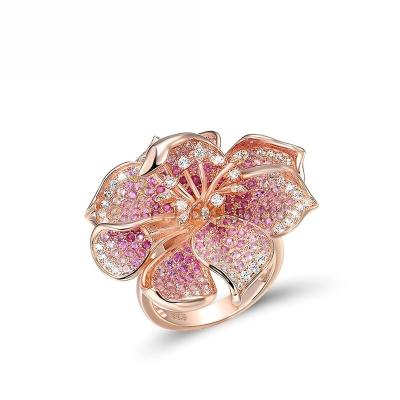 China Fashion P.J. Design Blossom Hibiscus Flower 925 Sterling Silver Rose Plating Ring with Cr. Pink Sapphire Ruby CZ for sale