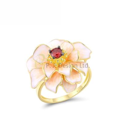 China Fashion P.J. Design JEWELRY White Enamel Flower 925 Sterling Silver w/ Yellow Black Plating Ring Enamel Garnet CZ for sale