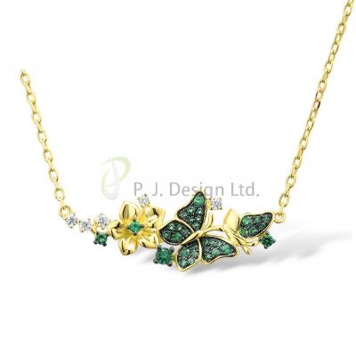 China Fashion Factory Wholesale Green Butterfly Sterling Silver w/ Yellow Black Plating Necklace Green Spinel White CZ  for present for sale