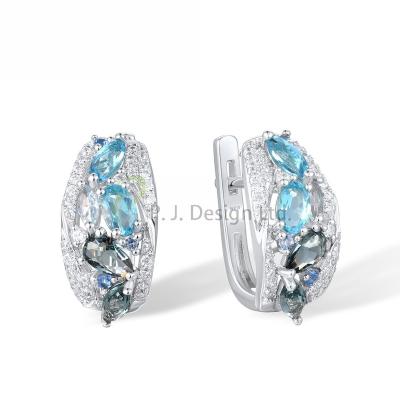 China Fashion 2022 Newest Pretty Blue Geometric Fashion 925 Sterling Silver Pierce Earrings Blue Glass Blue Spinel White CZ  for Wedding for sale