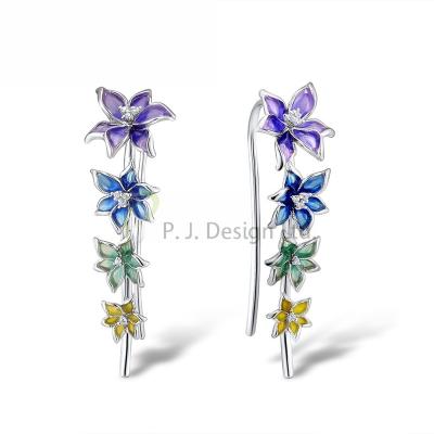 China Fashion 2022 New product Modern Enamel Multi Colorful Flower Pierce Earrings For Woman 925 Sterling Silver Fantastic Floral Ear Cuff for sale