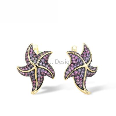 China Fashion Factory Wholesale Special Star Fish 925 Sterling Silver w/ Yellow Black Plating Earrings Amethyst CZ Created Pink Sapphire for sale