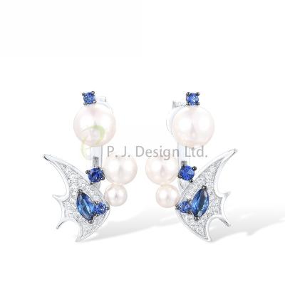 China Fashion Wholesale Bubble Angel Fish 925 Sterling Silver w/ Black White Plating Earrings Blue Glass CZ White Shell Beads for Party for sale