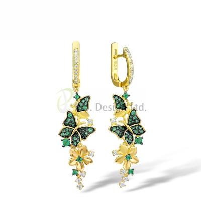 China Fashion Green Butterflies & Flower Pierce Earring 925 Sterling Silver with Charming CZ Fashion Jewellery for sale