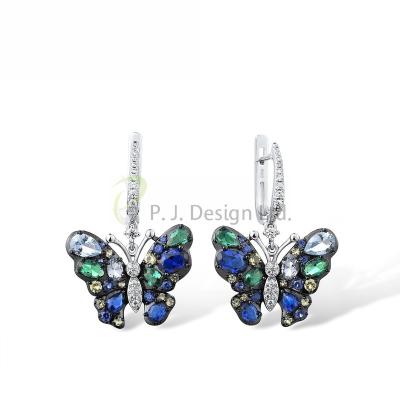 China Fashion Blue & Green Butterflies dangling Pierce Earing 925 Sterling Silver with Charming CZ for sale