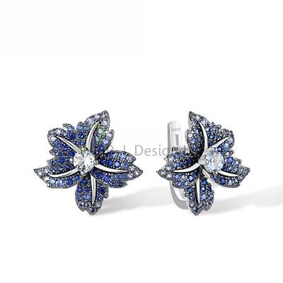 China Fashion Best selling Modern Blue Lily Flower 925 Sterling Silver Black White Plating Earrings Blue Nano CZ Blue Spinel for Party for sale