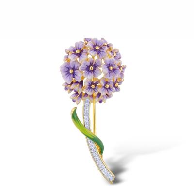 China 925 Sterling Silver 2022 Hot Sale Pretty Enamel Violet green Hydrangea Flower & Leaf Brooch Pin 925 Sterling Silver CZ for Party for sale