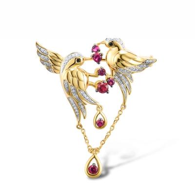 China 925 Sterling Silver Factory Price pretty Swallow Couple Brooch pin 925 Sterling Silver with Gold Plated Charming CZ Fashion Jewelry for Wedding for sale