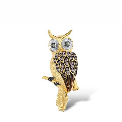 China 925 Sterling Silver Fine Design Golden Brown Owl Brooch 925 Sterling Silver Gold Plated with Charming CZ Fashion Jewelry for Engagement for sale