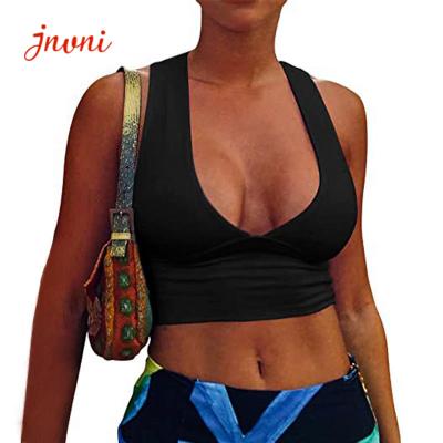 China 215gsm Women'S Sexy Deep V Neck Bra Back Cutout Wide Hem Racerback Tank Crop Tops for sale