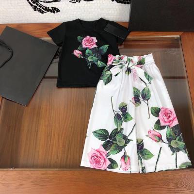 China Casual Comfortable Girls Two-piece Shortsleeve Wide-leg Pants Printed Casual Children's Suit for sale