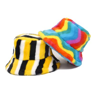 China New image style Autumn Warm Fuzzy Fisherman Hat for men and women fashion rainbow rabbit thick plush outdoor bucket hat for winter for sale