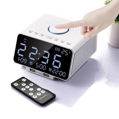 China Mobile Phone Radio BT Stereo Speaker USB Alarm Clock Portable Bedside Wireless Charger Double Hotel Room Temperature Shows Large LED Screen for sale