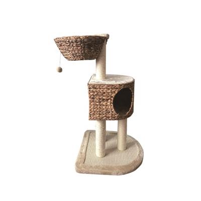 China Sustainable Hand Made Woven Natural Banana Leaf Cat Tree Scratchers Basket With Pet Mat for sale