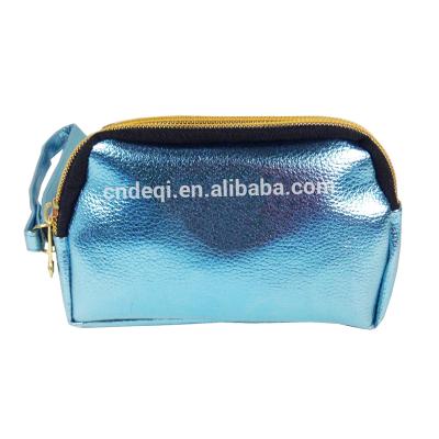 China DEQI 2019 Fashion Custom Logo Travel Foldable Women Lady Blue PU Leather Shiny Bling Zipper Makeup Toiletry Bag Cosmetic Pouch for sale