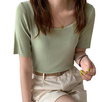 China Quzhu anti-pilling square collar Korean style tops, basic short-sleeved sweater, solid color T-shirt for sale