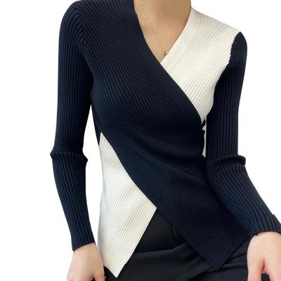 China Viable V-neckline cross-knit bottom shirt women's new western style full with spring and autumn fashion underwear sweater with acrylic yarn for sale