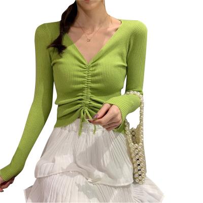 China 2023 New Korean Women's Sweater V-Neckline QUICK DRY Spring Version Long Thin Hong Style Sleeve Drawstring Sweater Tops for sale