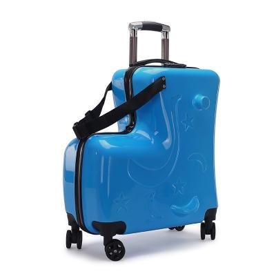 China Baby Ride PC 17inch Luggage Wheels Scooter Luggage Kids Characteristic Suitcase for sale