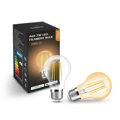 China Brightness 1%-100% Dimmable WW/CW Dimmable 2200-6500K ZigBee Filament E27 A60 Light Bulb Amber Smart Bulb for sale