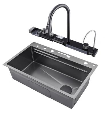 China Without Faucet HP Complete Whole Set Waterfall Kitchen Sink Big Single Bowl with Dish Rack Under Mount Sinks Stainless Steel Modern Polished for sale