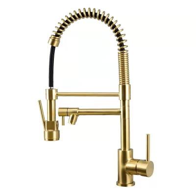 China Metered Faucets HongPin Classic Design Copper Brass Brushed Gold Pull Down Sprayer Single Kitchen Sink Faucet For Kitchen for sale