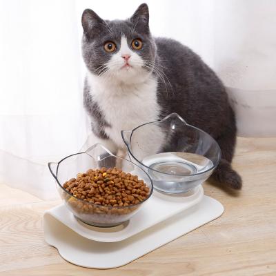 China New Cat Double Face Cat Bowl Pet Bowl Eco-Friendly Dismountable Non-Slip Slant Plastic Stand Feeding Bowl for sale