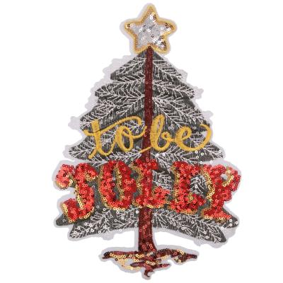 China Large Custom Cartoon Sequins Christmas Tree Letter Badge Embroidery Cloth Stickers Patch Stickers Clothing Accessories for sale