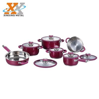 China 12Pcs Sustainable Popular Stainless Steel Cookware Set With Silicone Coloring Handle for sale