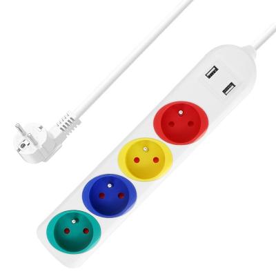 China Colorful French Type Electrical Power Extension Outlet Connection 4 Strip Electrical Cable Plugs Switched With 2usb Socket Power Strip for sale