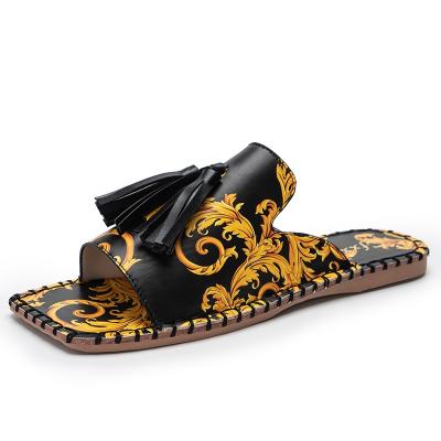 China Hot Selling Colorful Dye Flat Open Woman Sandal Printed CIS Beach Slide Link Slippers 2021 Fashion Trend Toe Ladies Slippers For Sandals for sale