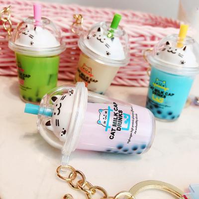 China Custom Plastic Key Chain Pendant Cat Liquid Boba Keychains Cute Acrylic Milk Tea Coffee Cup Odm Mini Bubble Tea Key Chains OEM Dickmon for sale