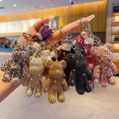 China Dickmon's Full Crystal Teddy Bear Keychain Glitter Rhinestone Pendant Key Chains Leather Braided Pendant Diamond Keyring Luxury Tassel Bag for sale