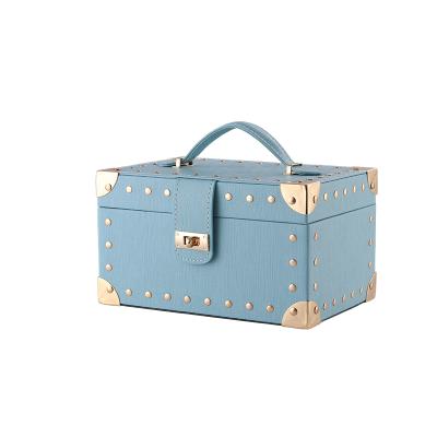 China Hot Selling Blue Rivet Jewelry Box Eco-friendly Good Quality Custom Jewelry Package Box Packaging For Travel Jewelry Organizer for sale