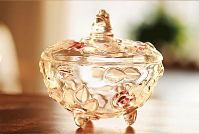 China Sweet Pot Glass Candy Jar Pink Plum Blossom Sugar Bowl Machine Press For Room for sale