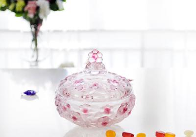 China Pink Plum Blossom Candy Jar / Glass Sugar Pot / Glass Sugar Jar for sale