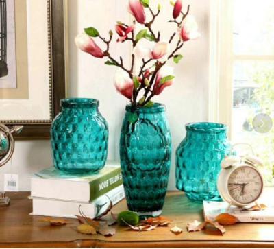 China Solid Color Blue Glass Flower Vase Lead Free For Decorative Small Round Ball Outside for sale