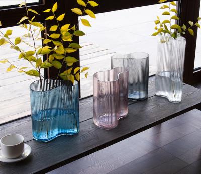 China Vertical Stripes Irregular Decorative Glass Vases Handmade Tabletop With 3 Size for sale